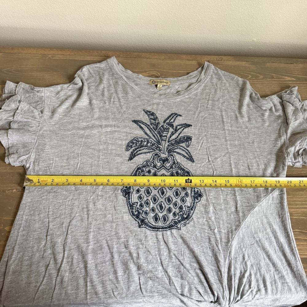 Democracy Womens Large Grey Pineapple Sequins Short Ruffle Sleeve Tee T-Shirt - Picture 8 of 9